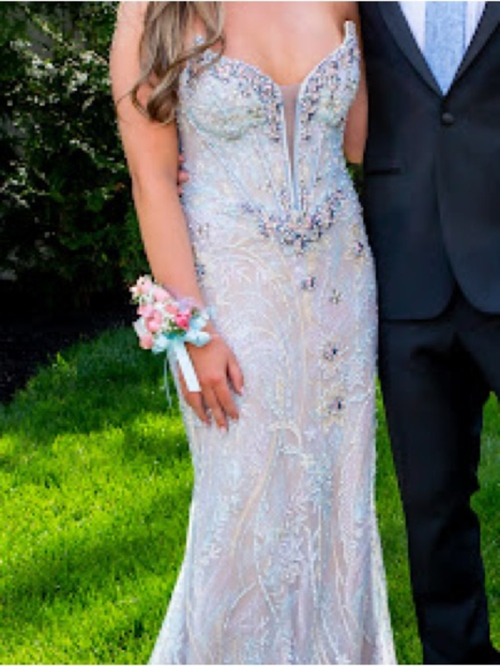 Embellished Ivory Strapless Prom Dress with Sweetheart Neckline